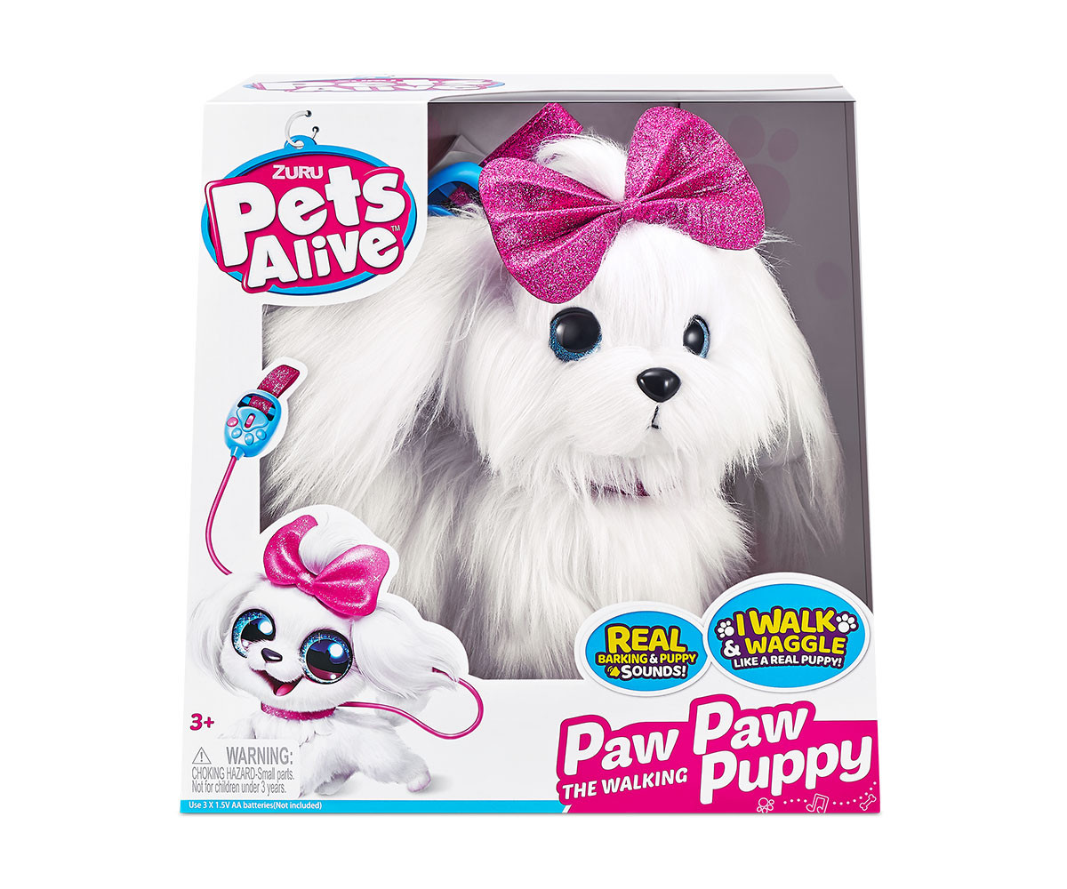 Интерактивно вървящо кученце с розова панделка и каишка за разходка